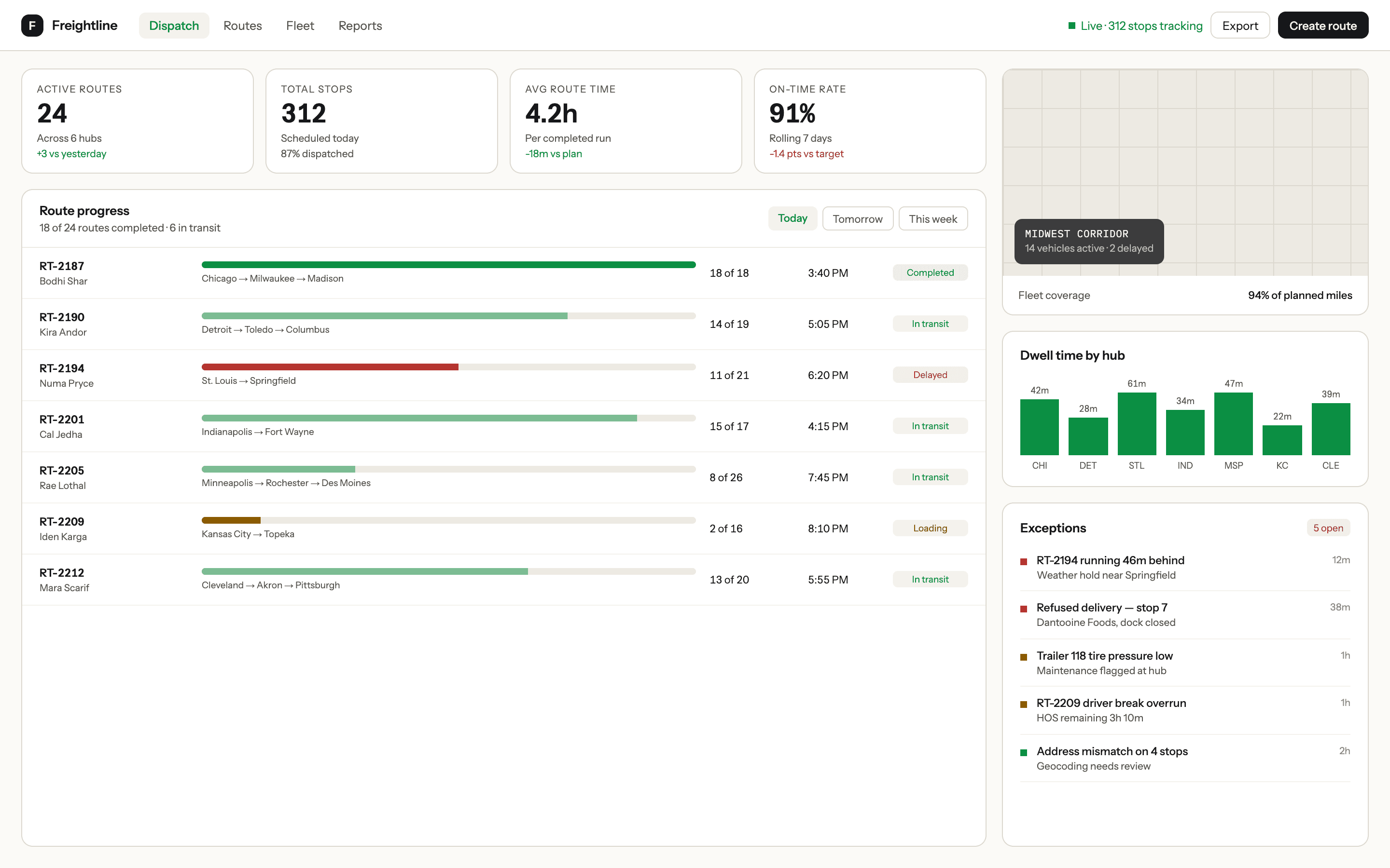 Freightline, a dispatch console with route progress and fleet coverage