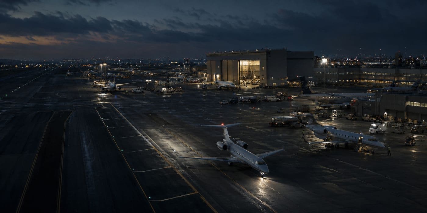 Aviation ground operations at blue hour
